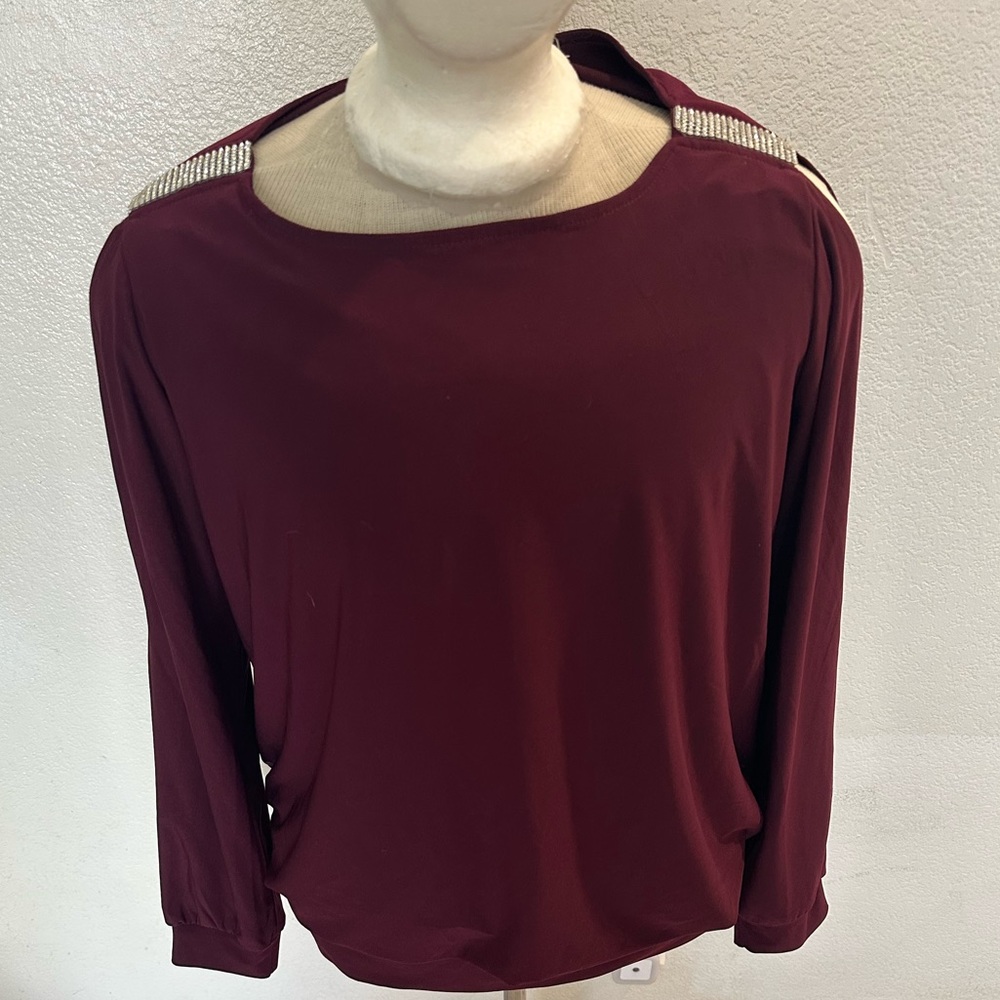 S. Levine Women’s Burgundy Blouse Bare Shoulder Long Sleeve Rhinestone
